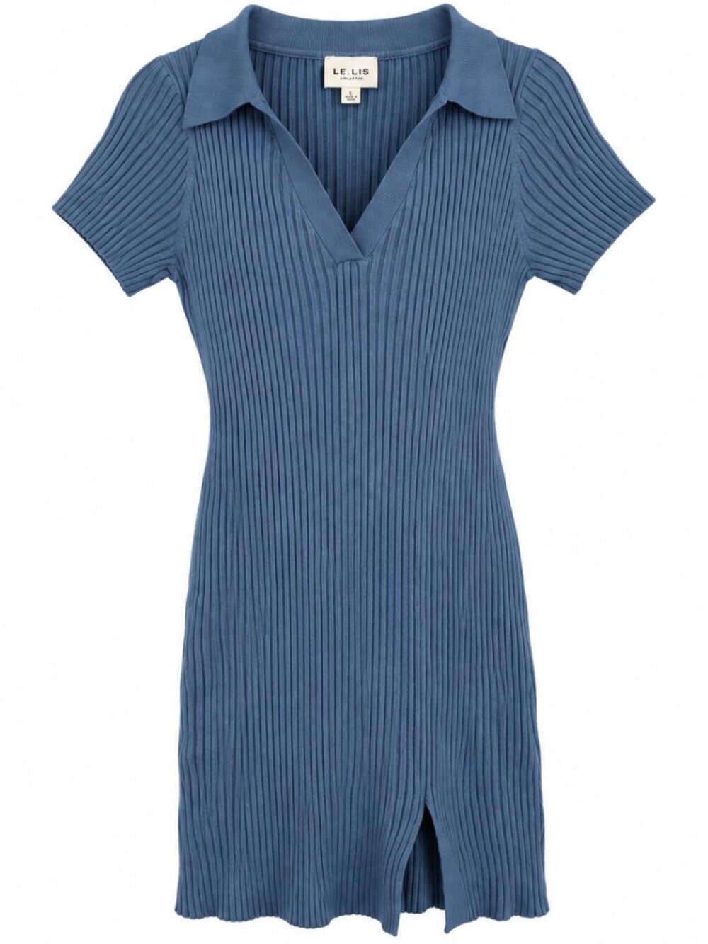 Short Sleeve V-Neck Sweater Dress- Dusty Blue